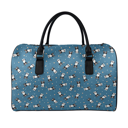 Boston Terrier With Glasses Print Leather Duffle Bag