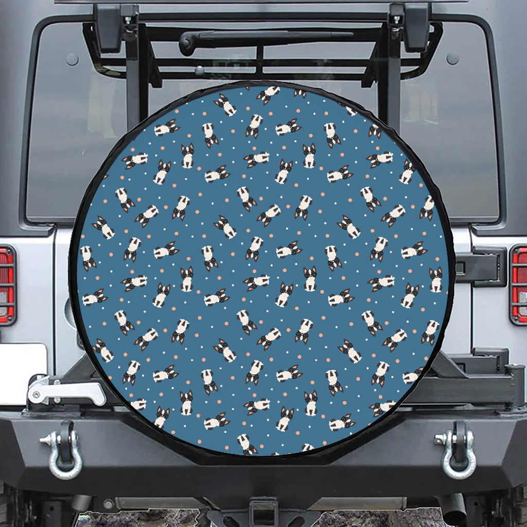 Boston Terrier With Glasses Print Leather Spare Tire Cover