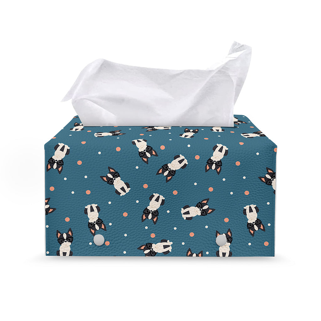 Boston Terrier With Glasses Print Leather Tissue Box Cover
