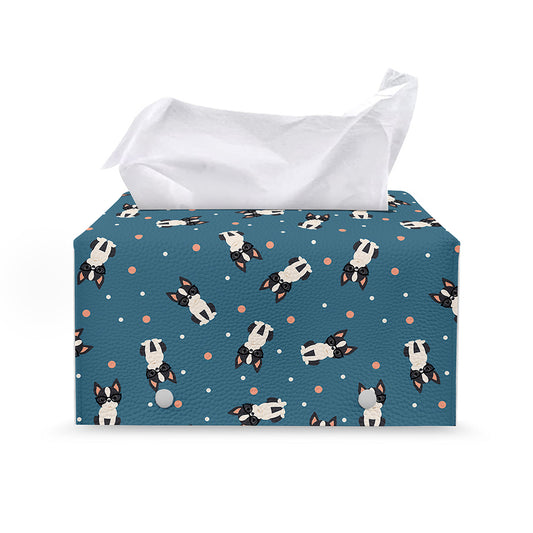 Boston Terrier With Glasses Print Leather Tissue Box Cover