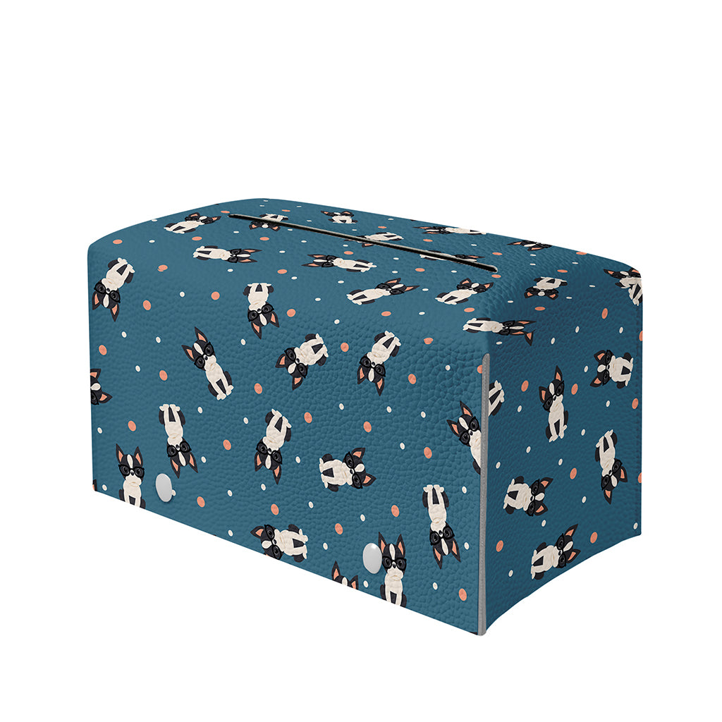Boston Terrier With Glasses Print Leather Tissue Box Cover
