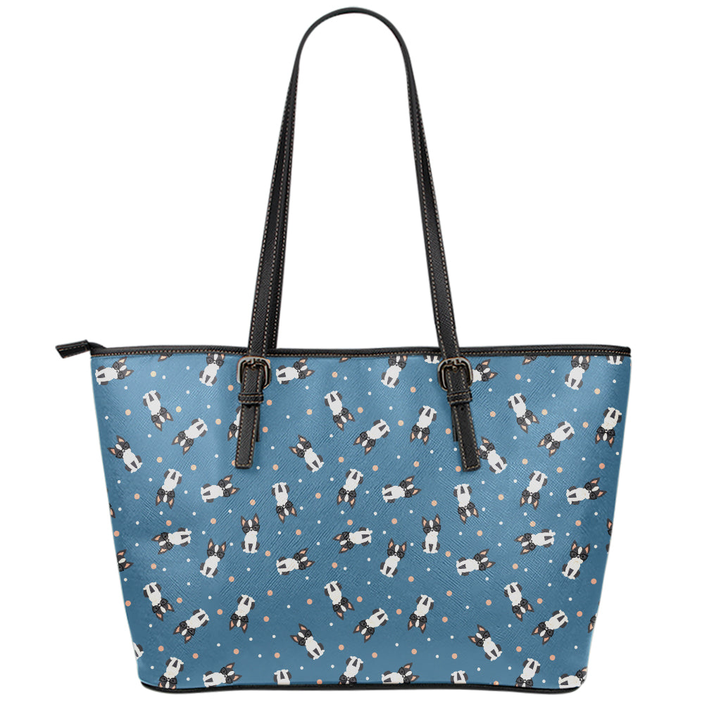 Boston Terrier With Glasses Print Leather Tote Bag