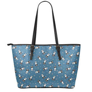 Boston Terrier With Glasses Print Leather Tote Bag