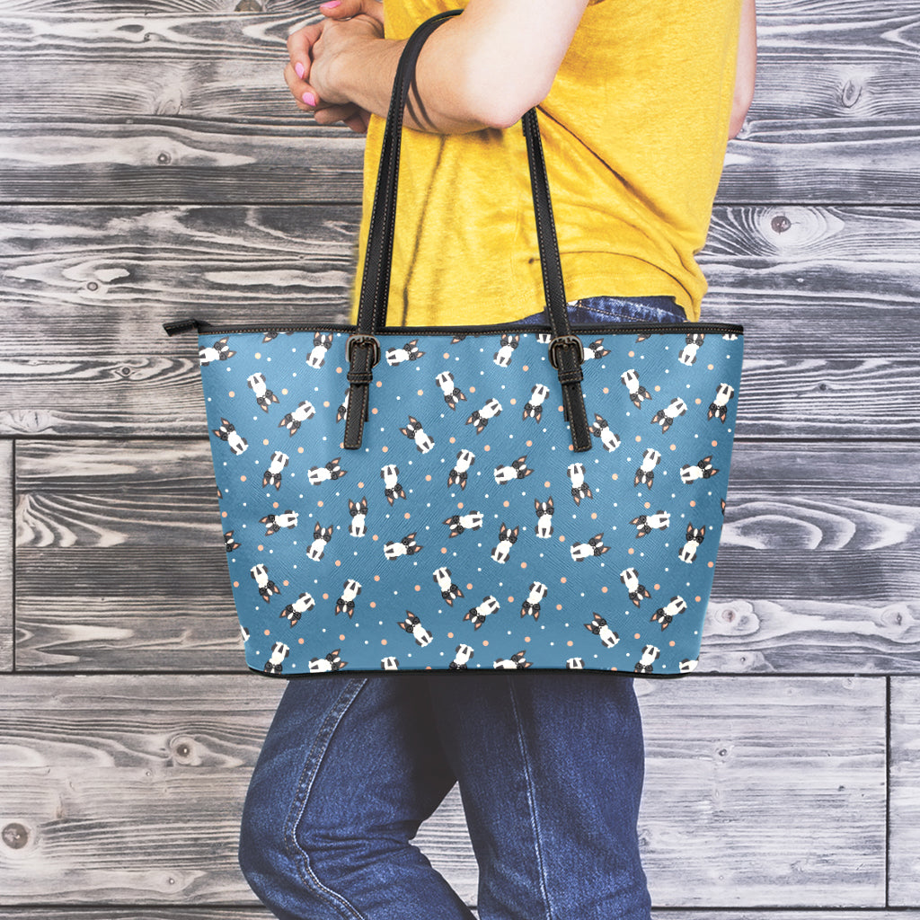 Boston Terrier With Glasses Print Leather Tote Bag