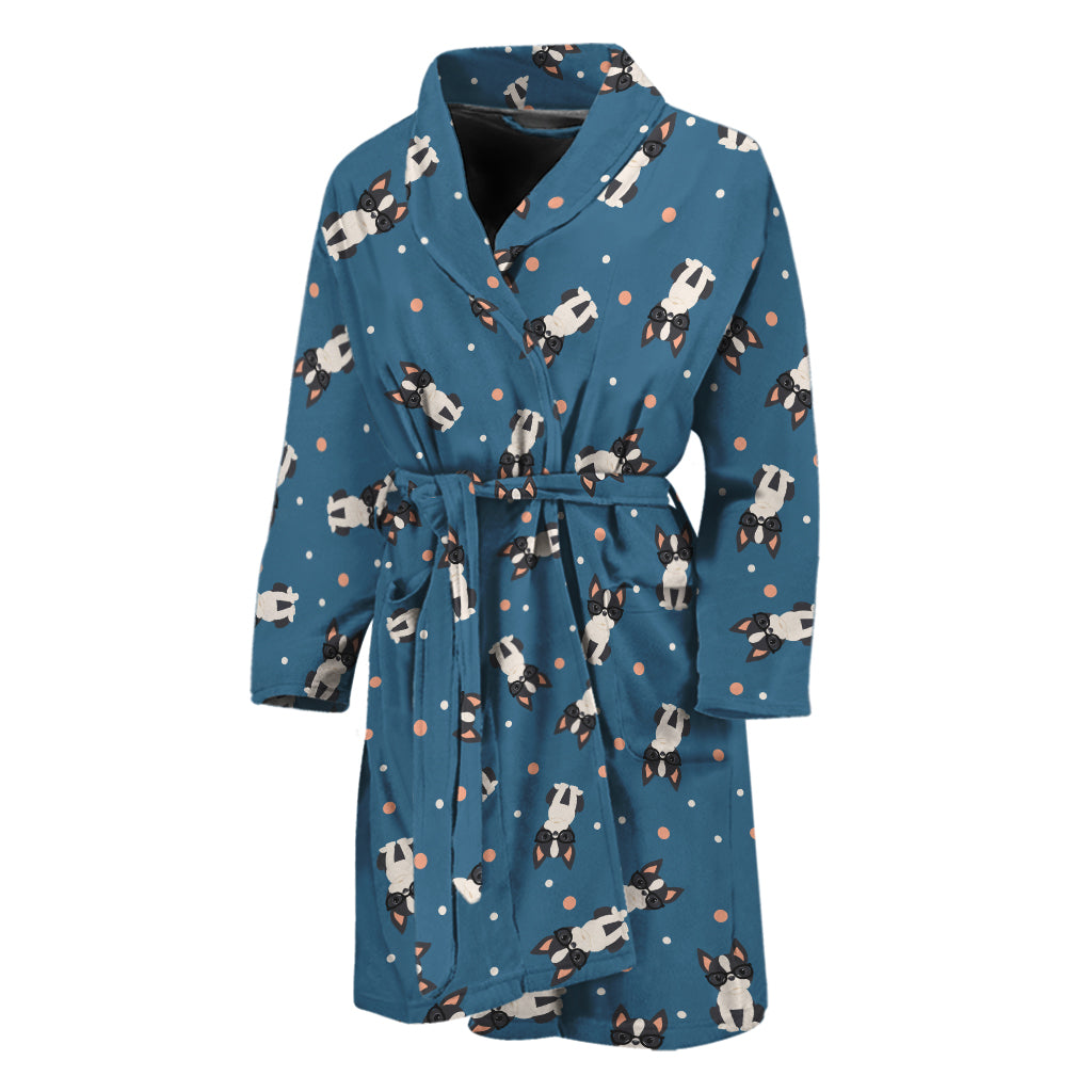 Boston Terrier With Glasses Print Men's Bathrobe