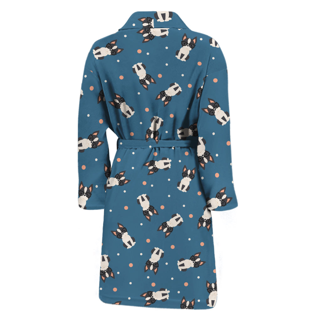 Boston Terrier With Glasses Print Men's Bathrobe