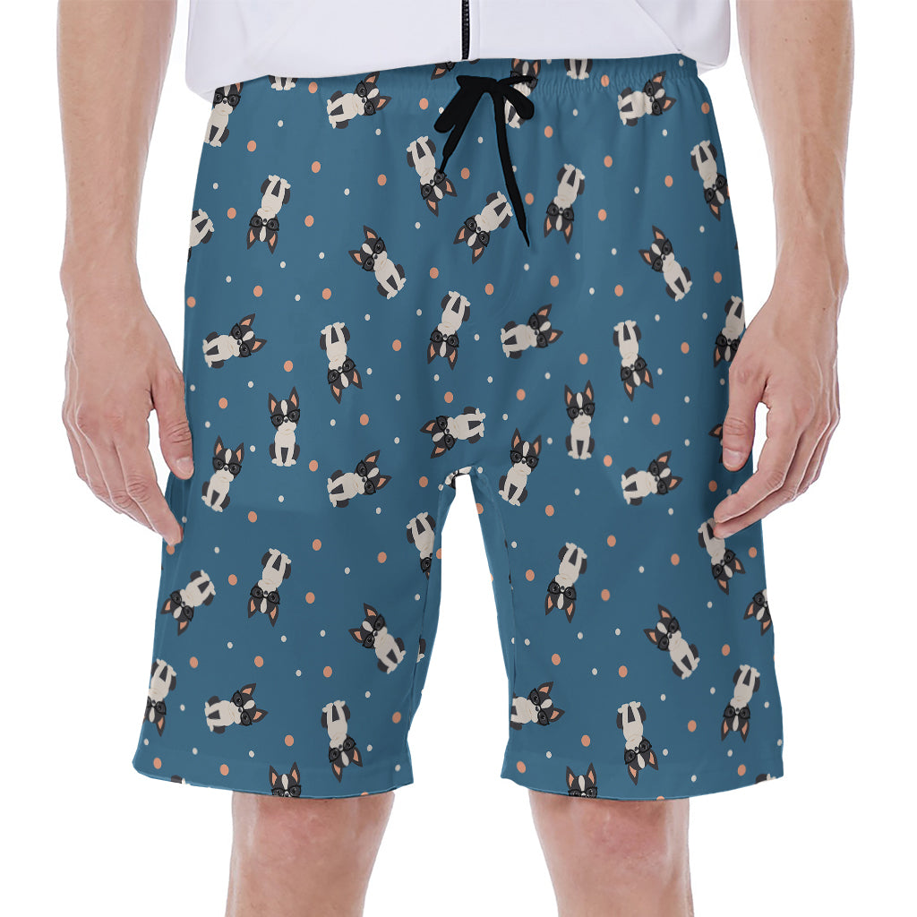 Boston Terrier With Glasses Print Men's Beach Shorts