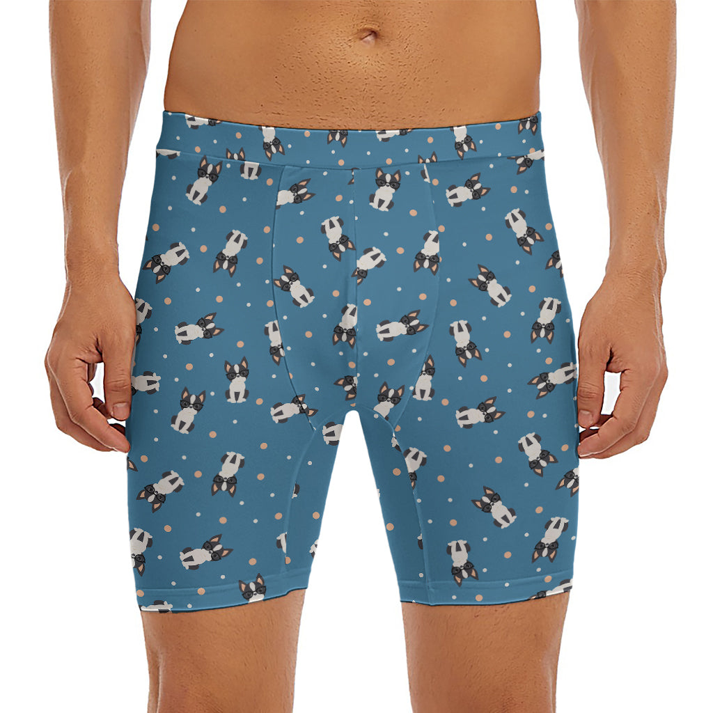 Boston Terrier With Glasses Print Men's Long Boxer Briefs