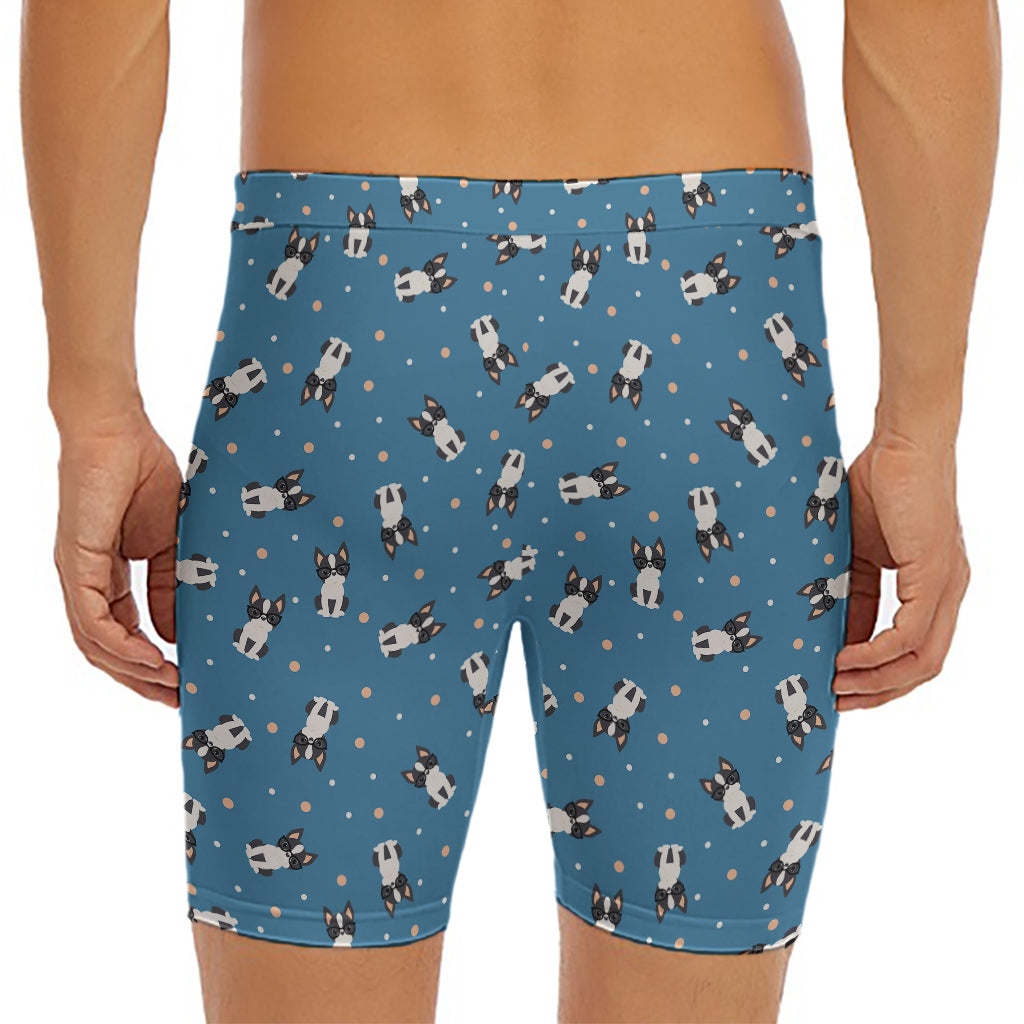 Boston Terrier With Glasses Print Men's Long Boxer Briefs