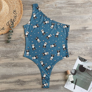 Boston Terrier With Glasses Print One Shoulder Bodysuit