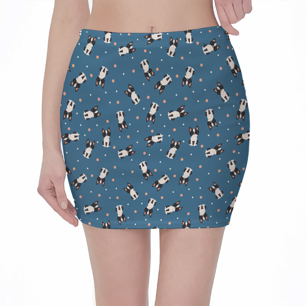 Boston Terrier With Glasses Print Pencil Mini Skirt