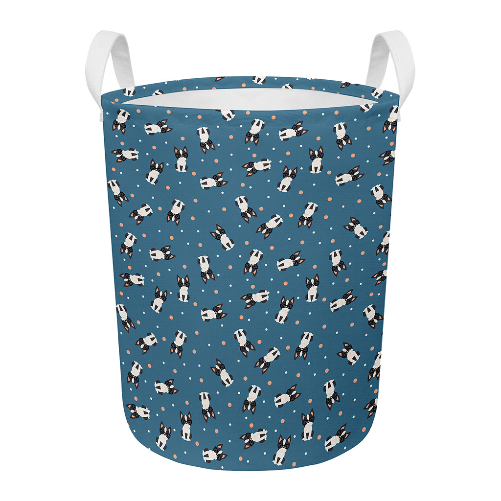 Boston Terrier With Glasses Print Round Laundry Basket