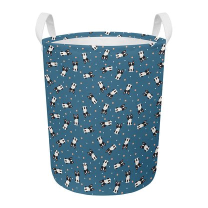 Boston Terrier With Glasses Print Round Laundry Basket