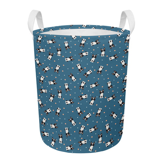 Boston Terrier With Glasses Print Round Laundry Basket