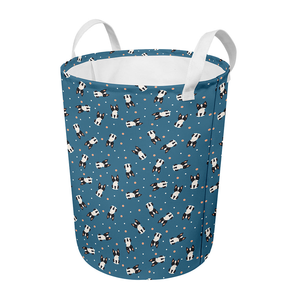 Boston Terrier With Glasses Print Round Laundry Basket