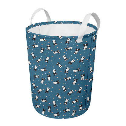 Boston Terrier With Glasses Print Round Laundry Basket