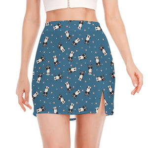 Boston Terrier With Glasses Print Side Slit Mini Skirt