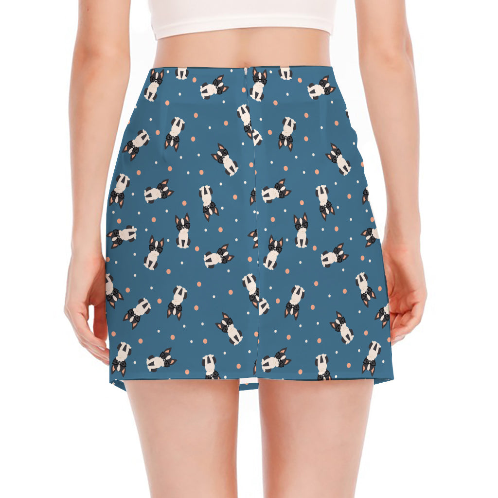 Boston Terrier With Glasses Print Side Slit Mini Skirt