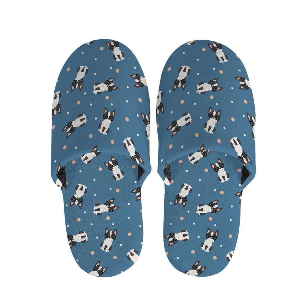 Boston Terrier With Glasses Print Slippers