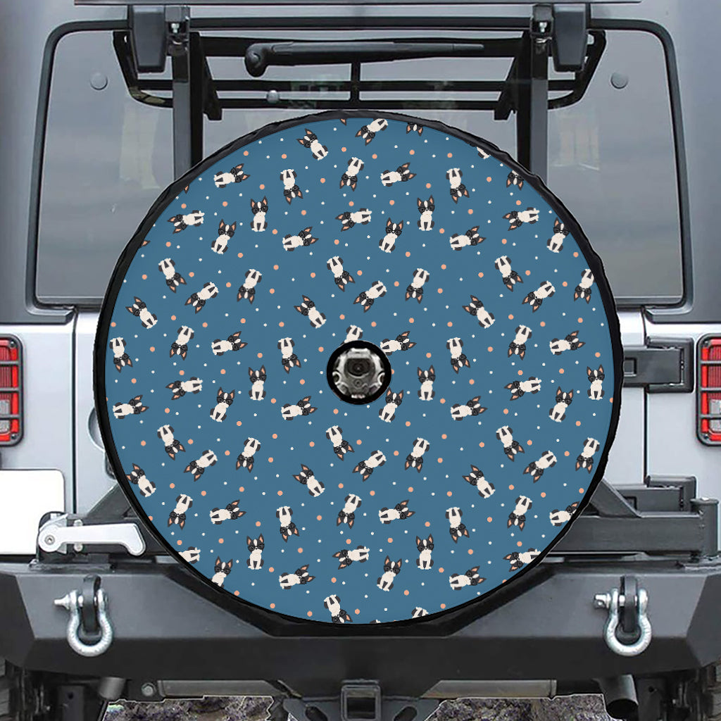 Boston Terrier With Glasses Print Tire Cover With Camera Hole