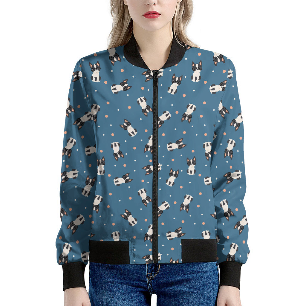 Boston Terrier With Glasses Print Women's Bomber Jacket