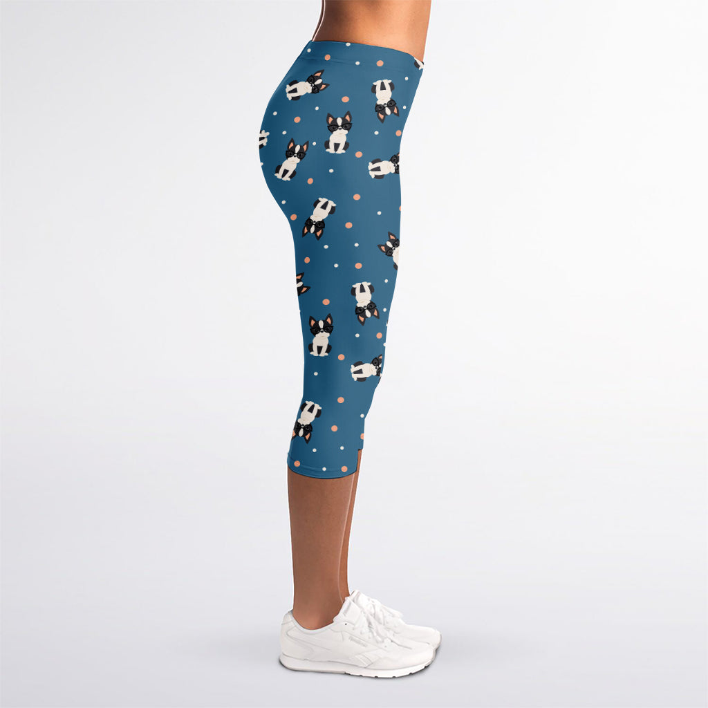 Boston Terrier With Glasses Print Women's Capri Leggings