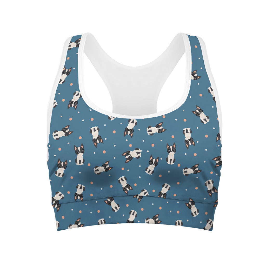 Boston Terrier With Glasses Print Women's Sports Bra