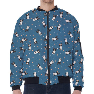 Boston Terrier With Glasses Print Zip Sleeve Bomber Jacket