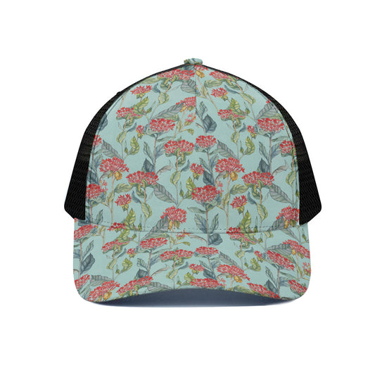 Bouvardia Pattern Print Black Mesh Trucker Cap