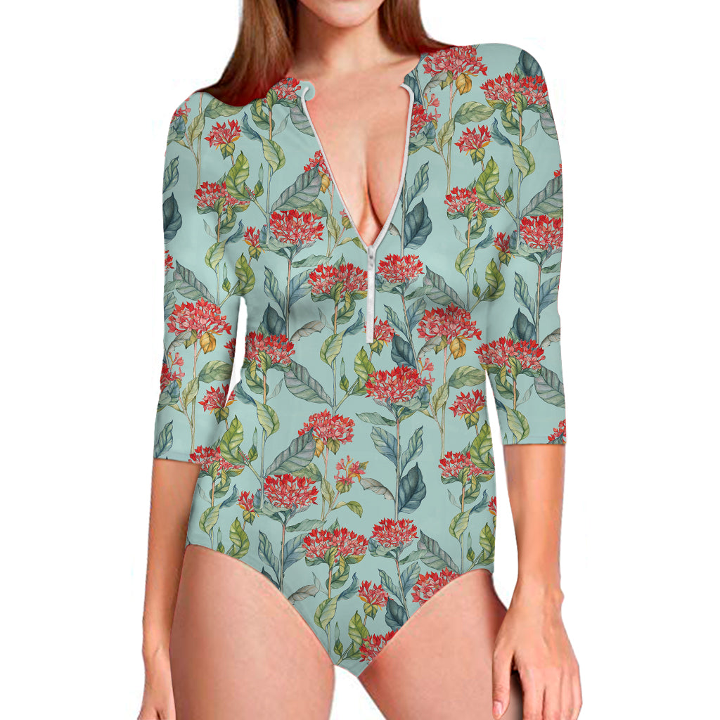 Bouvardia Pattern Print Long Sleeve Swimsuit