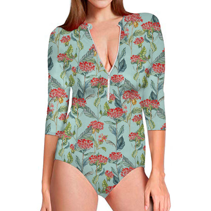Bouvardia Pattern Print Long Sleeve Swimsuit