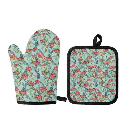 Bouvardia Pattern Print Oven Mitt And Pot Holder Set