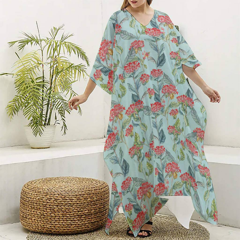 Bouvardia Pattern Print Silk V-Neck Kaftan Dress