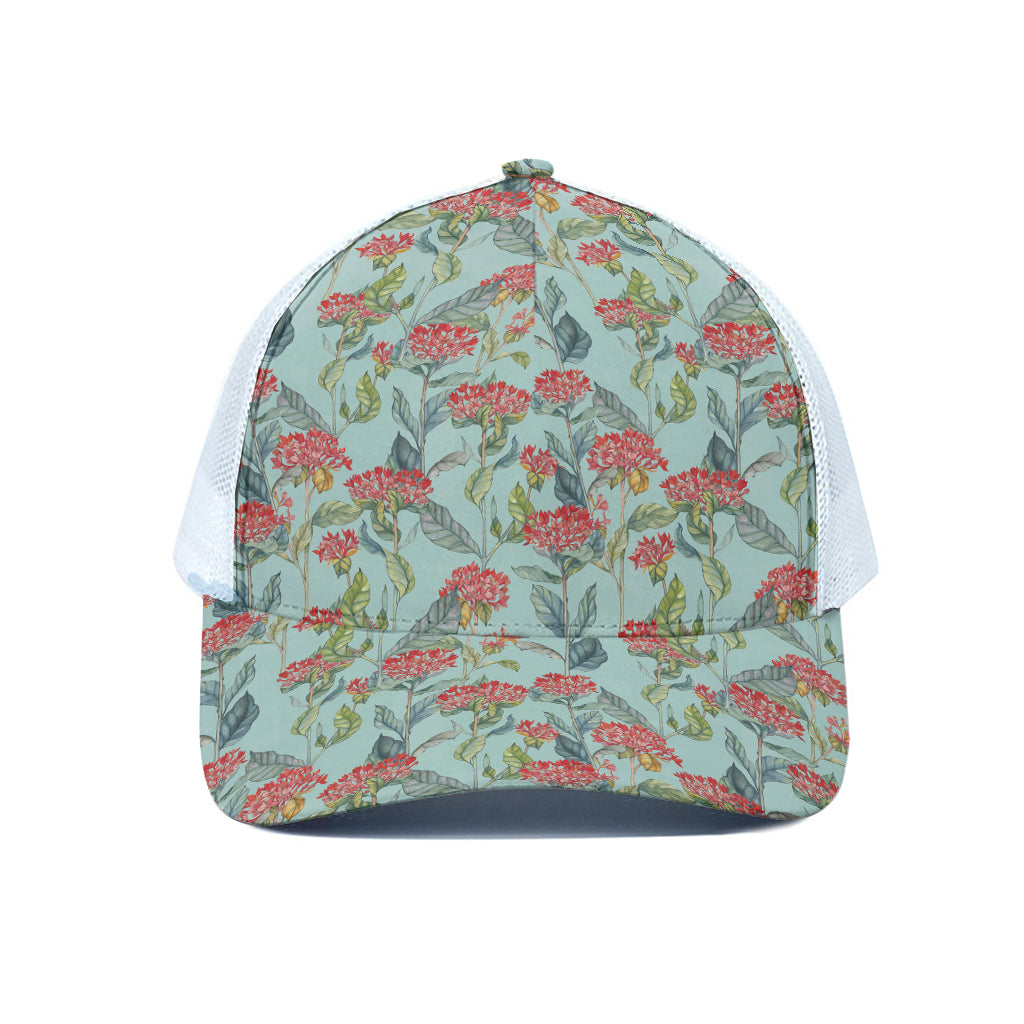 Bouvardia Pattern Print White Mesh Trucker Cap