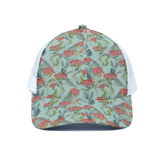 Bouvardia Pattern Print White Mesh Trucker Cap