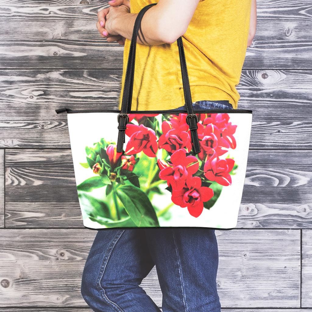 Bouvardia Plant Print Leather Tote Bag