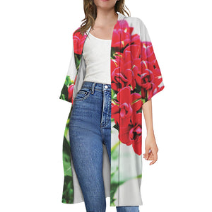 Bouvardia Plant Print Open Front Beach Cover Up