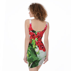 Bouvardia Plant Print Sleeveless Bodycon Dress