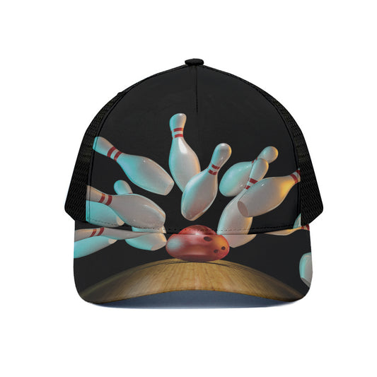 Bowling Strike Print Black Mesh Trucker Cap