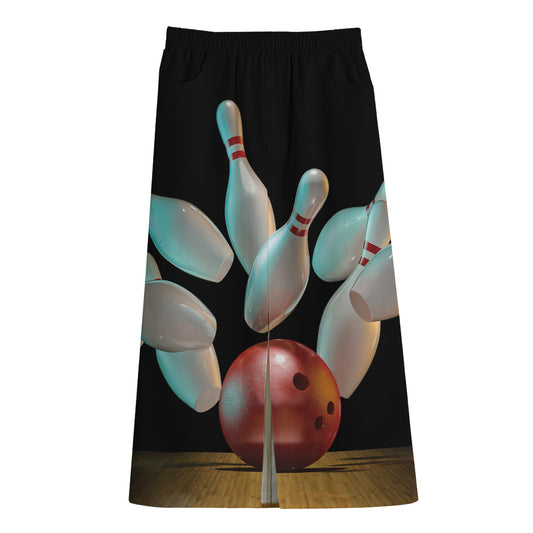 Bowling Strike Print Cotton Front Slit Maxi Skirt