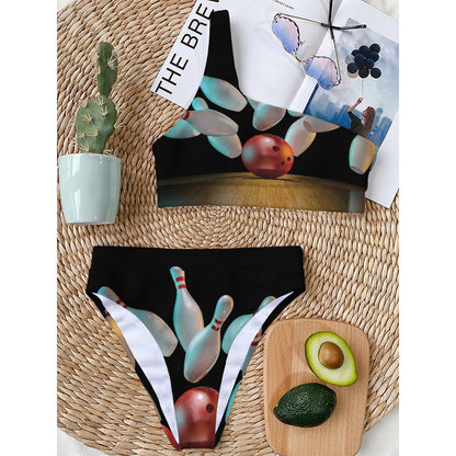 Bowling Strike Print One Shoulder Bikini Top