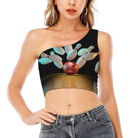 Bowling Strike Print One Shoulder Crop Top