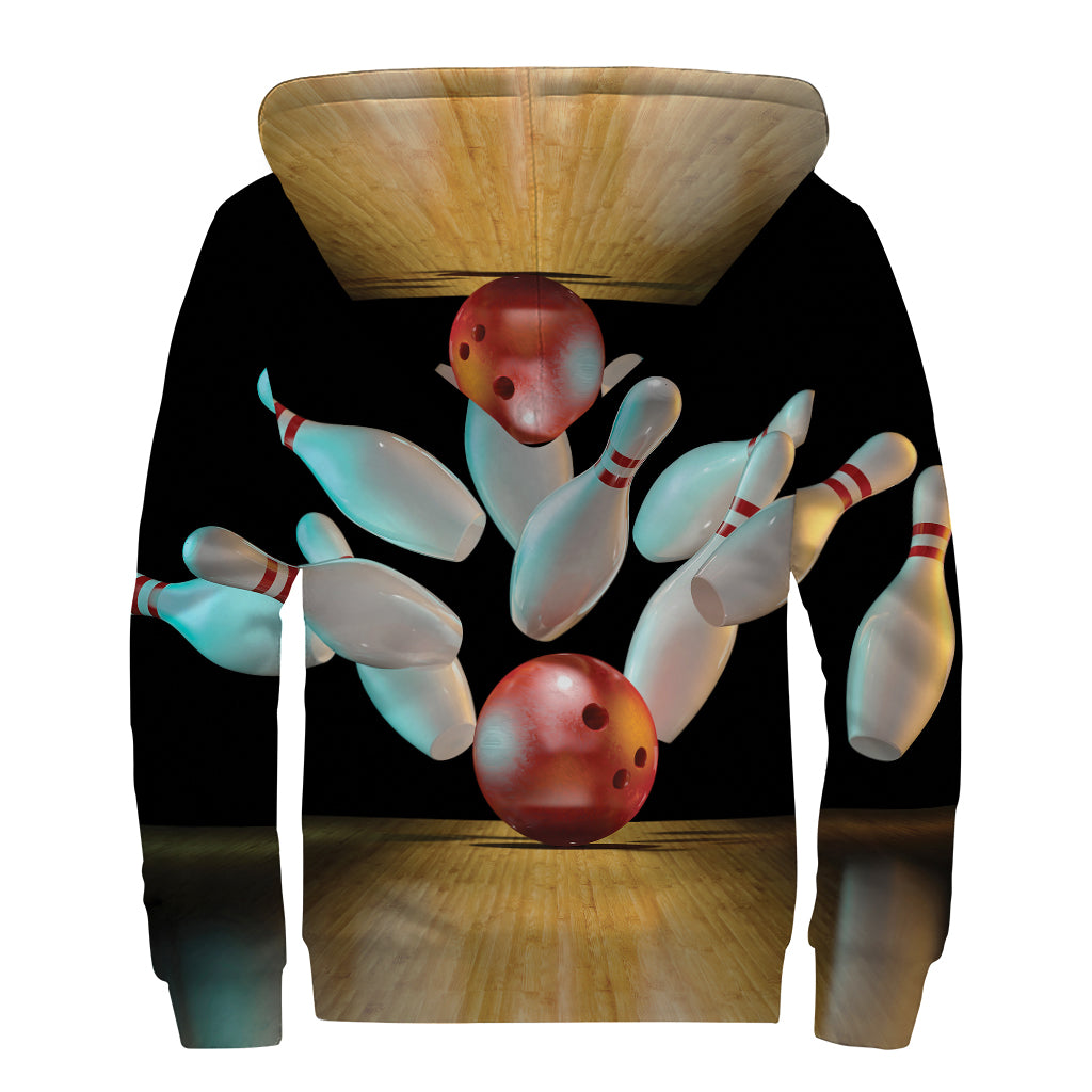 Bowling Strike Print Sherpa Lined Zip Up Hoodie