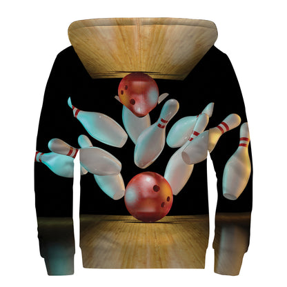 Bowling Strike Print Sherpa Lined Zip Up Hoodie