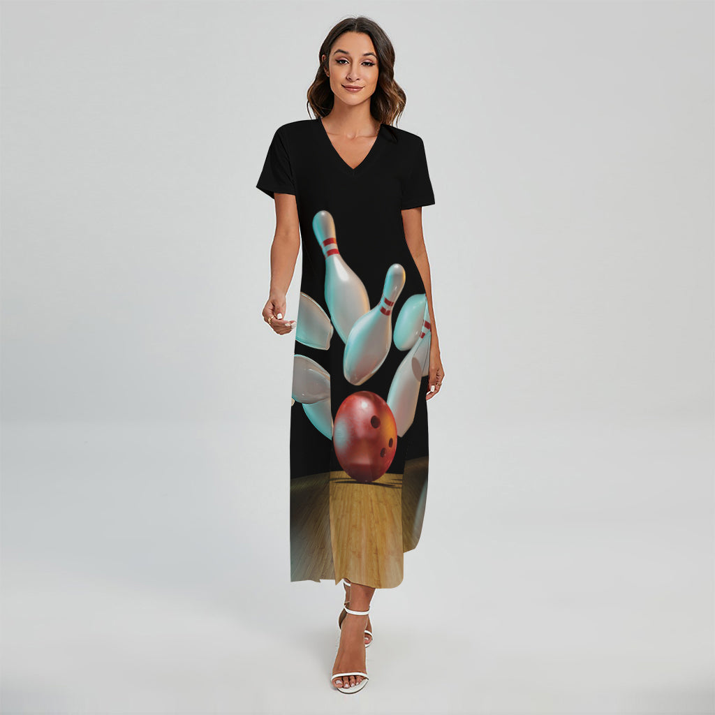 Bowling Strike Print Short Sleeve Maxi Dress