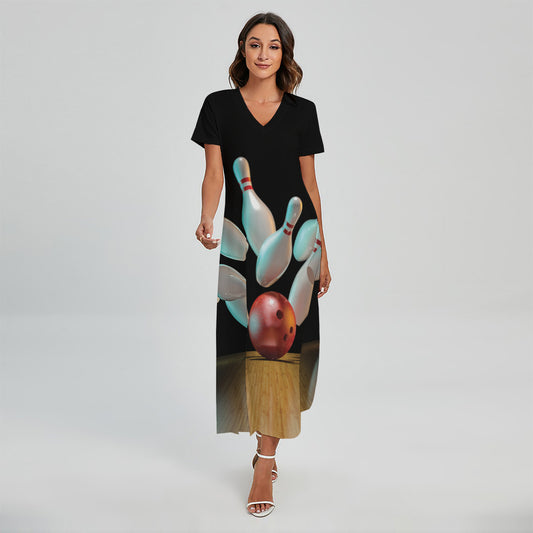Bowling Strike Print Short Sleeve Maxi Dress