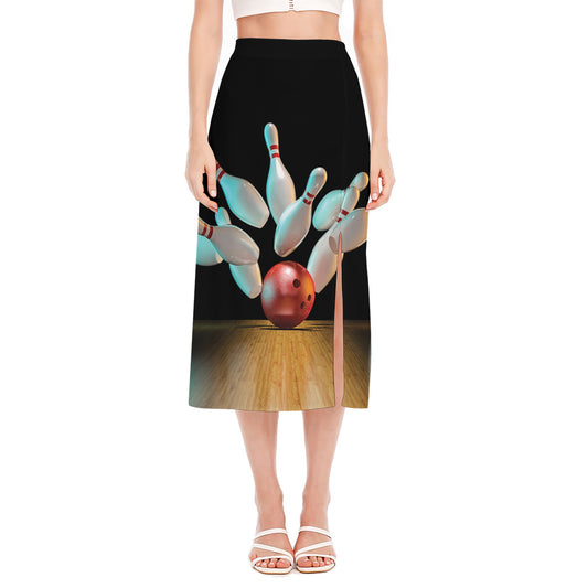 Bowling Strike Print Side Slit Midi Skirt