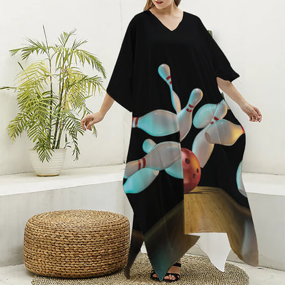 Bowling Strike Print Silk V-Neck Kaftan Dress