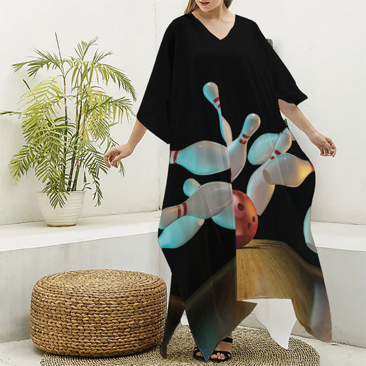 Bowling Strike Print Silk V-Neck Kaftan Dress