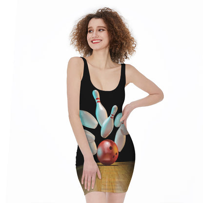 Bowling Strike Print Sleeveless Bodycon Dress